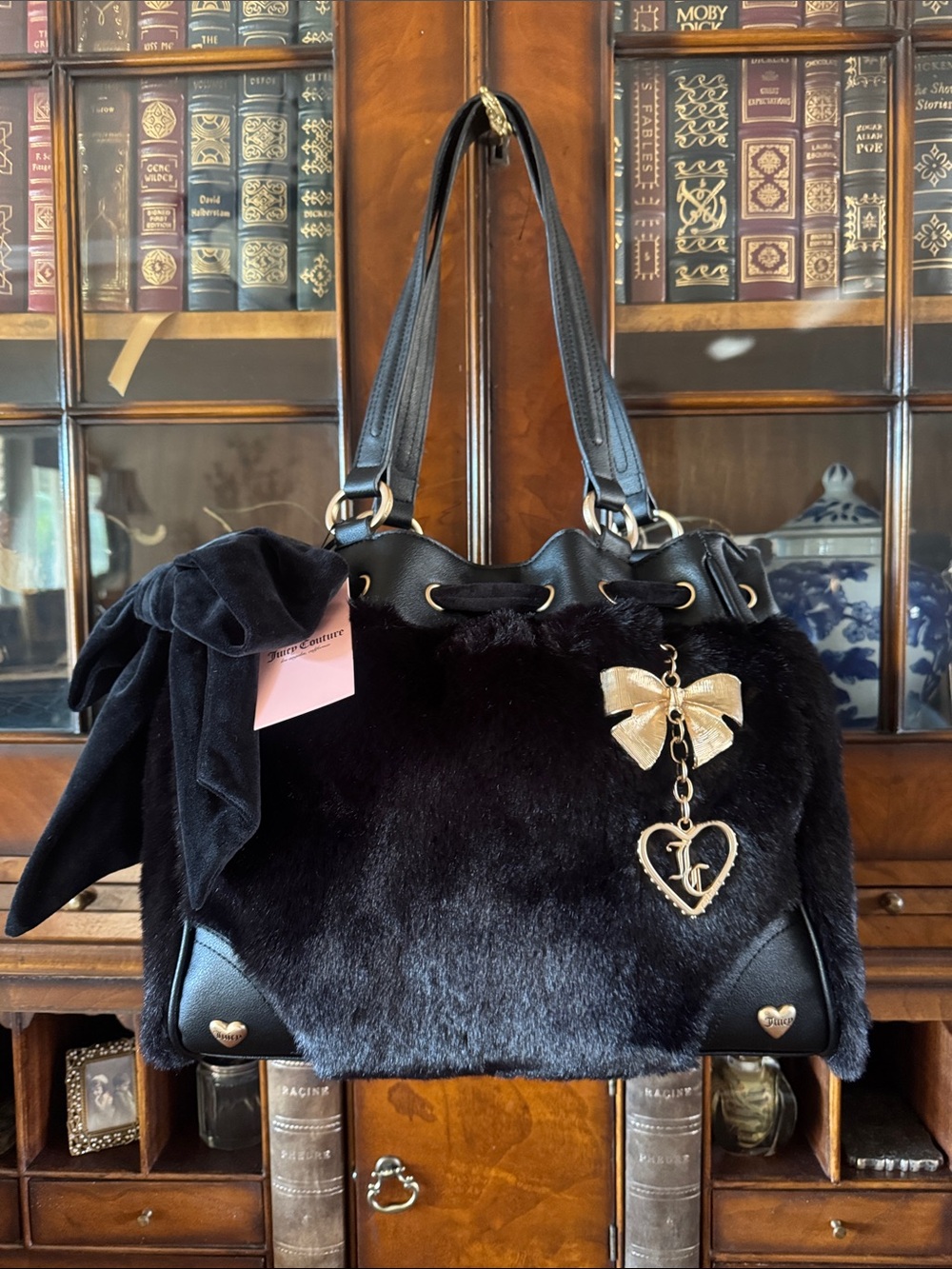 Juicy Couture Black Faux Fur Shoulder Bag with Gold Bow Charm